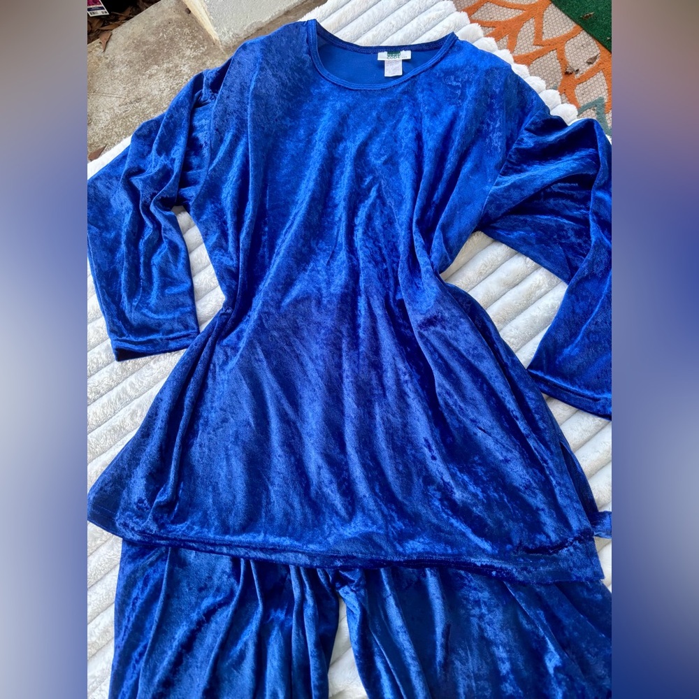 Vintage Blue Velvet Velour 
Loungewear Set Top and Elastic Waist Matching Pants